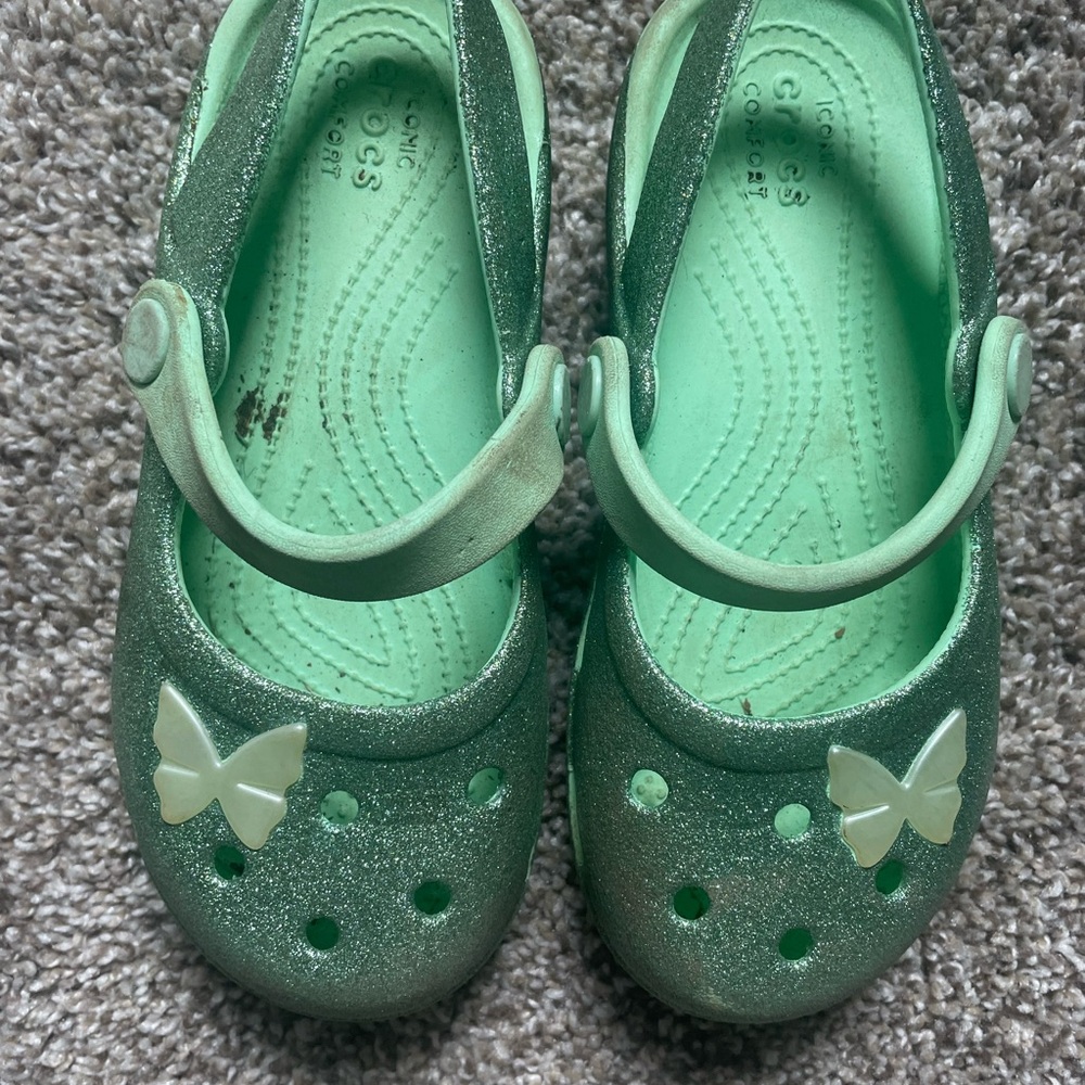 CROCS Kids Green Glitter Crocs with Butterfly Charm